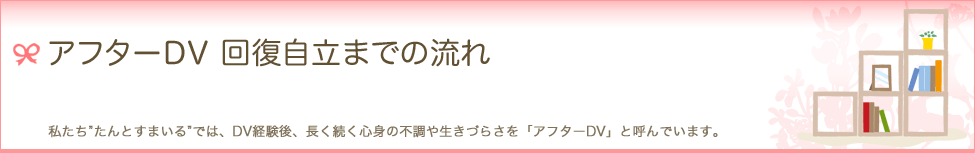 アフターDV 回復自立までの流れ　私たち"たんとすまいる"では、DV経験後、長く続く心身の不調や生きづらさを「アフターDV」と呼んでいます。